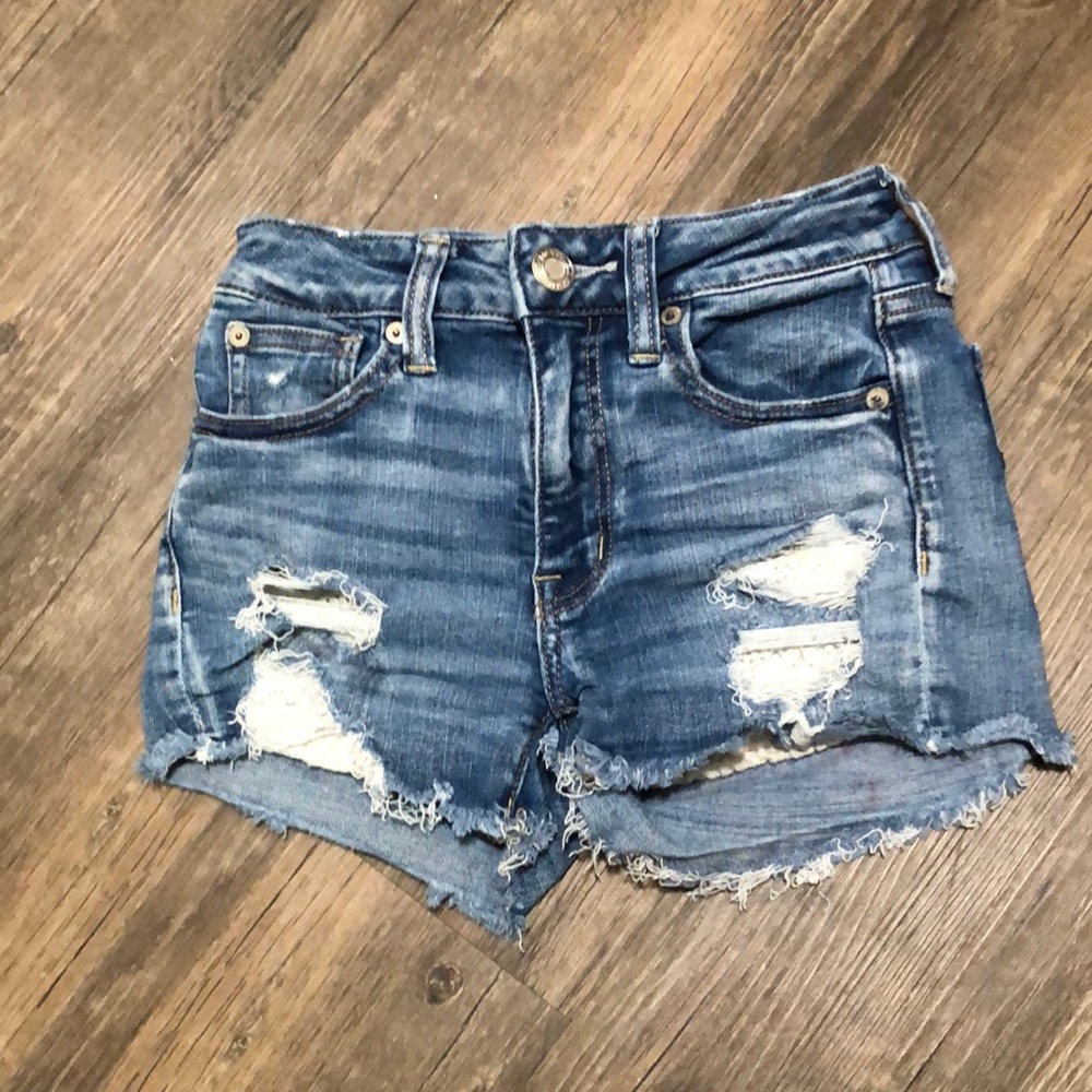 American Eagle Outfitters Distressed Blue Denim High Waist Shorts